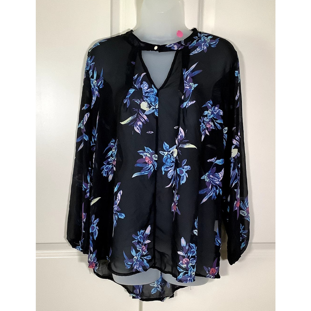 Mixmax Size XL Floral Chiffon Blouse Long Sleeve Lightweight Keyhole Neckline